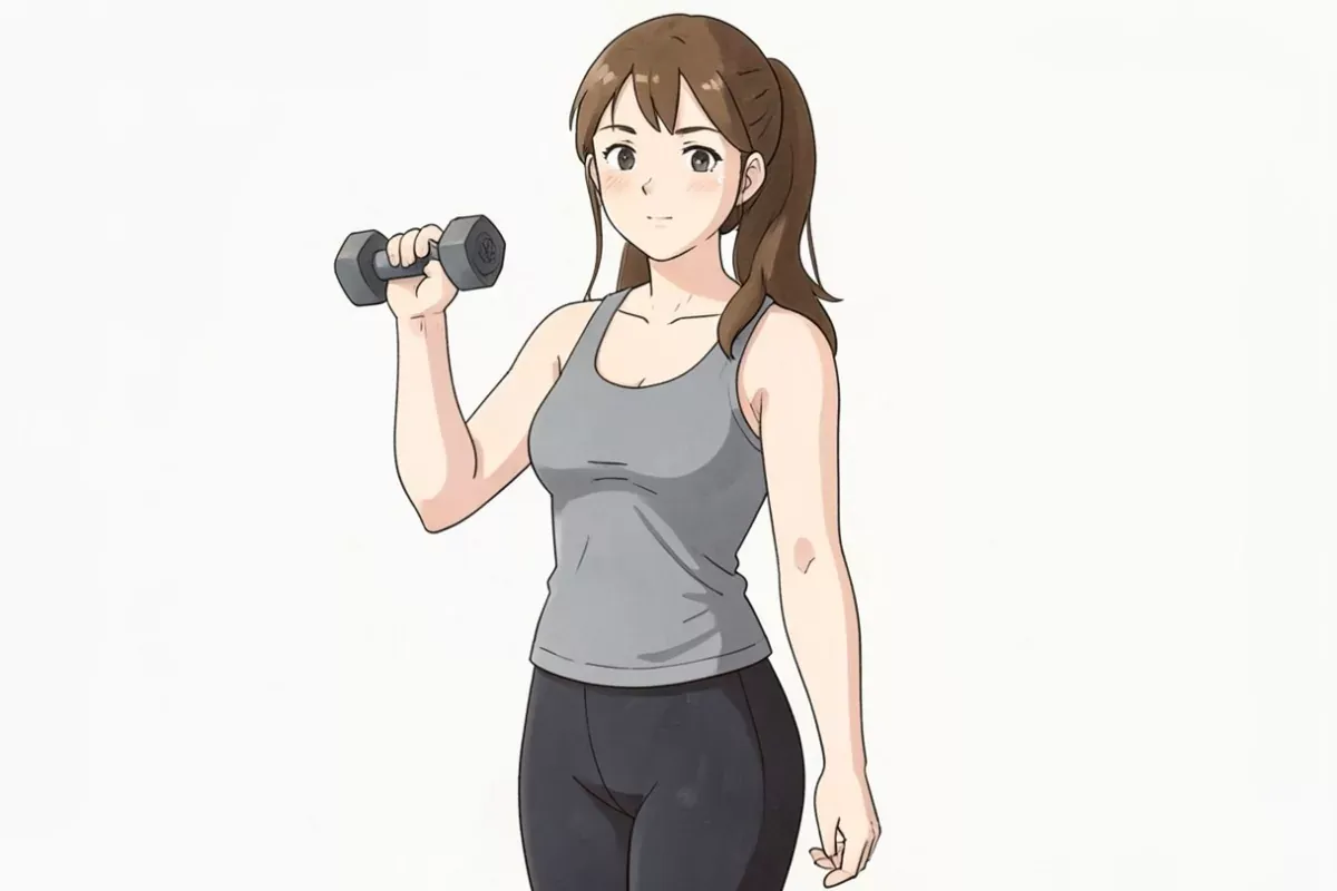 is holding a single compact hand dumbbell in her right hand doing a bicep curl, focused expression, bright indoor gym - Studio Ghibli anime illustrati