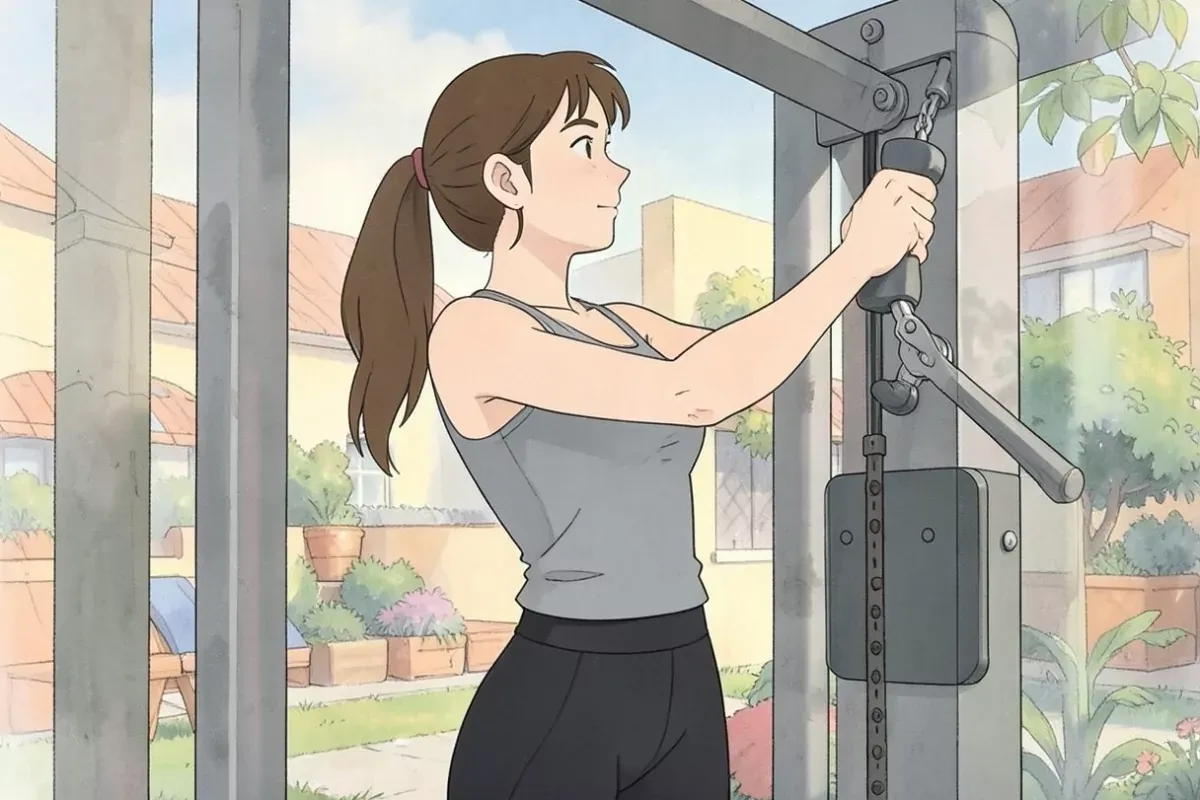is doing a lat pulldown at a cable machine, both hands gripping the wide bar overhead, arms pulling down, bright indoor gym - Studio Ghibli anime illu