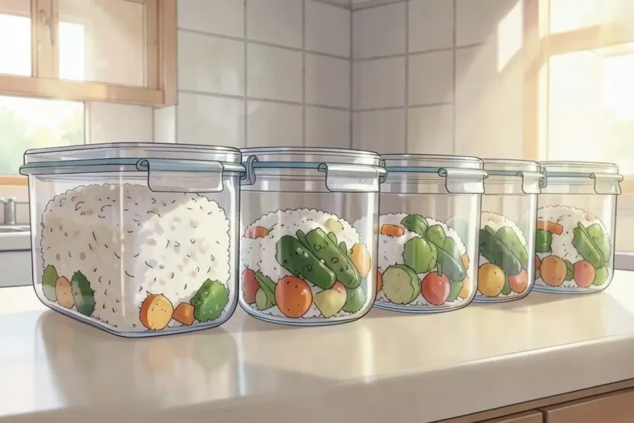 A row of clear glass meal prep containers with sealed lids on a sunny kitchen counter, each holding rice and vegetables