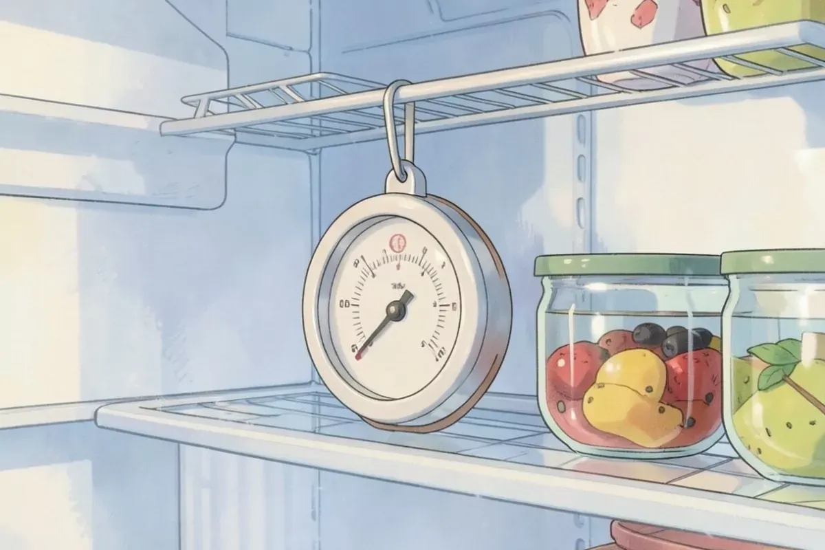 A round dial thermometer hanging from a wire shelf inside a refrigerator beside jars of food
