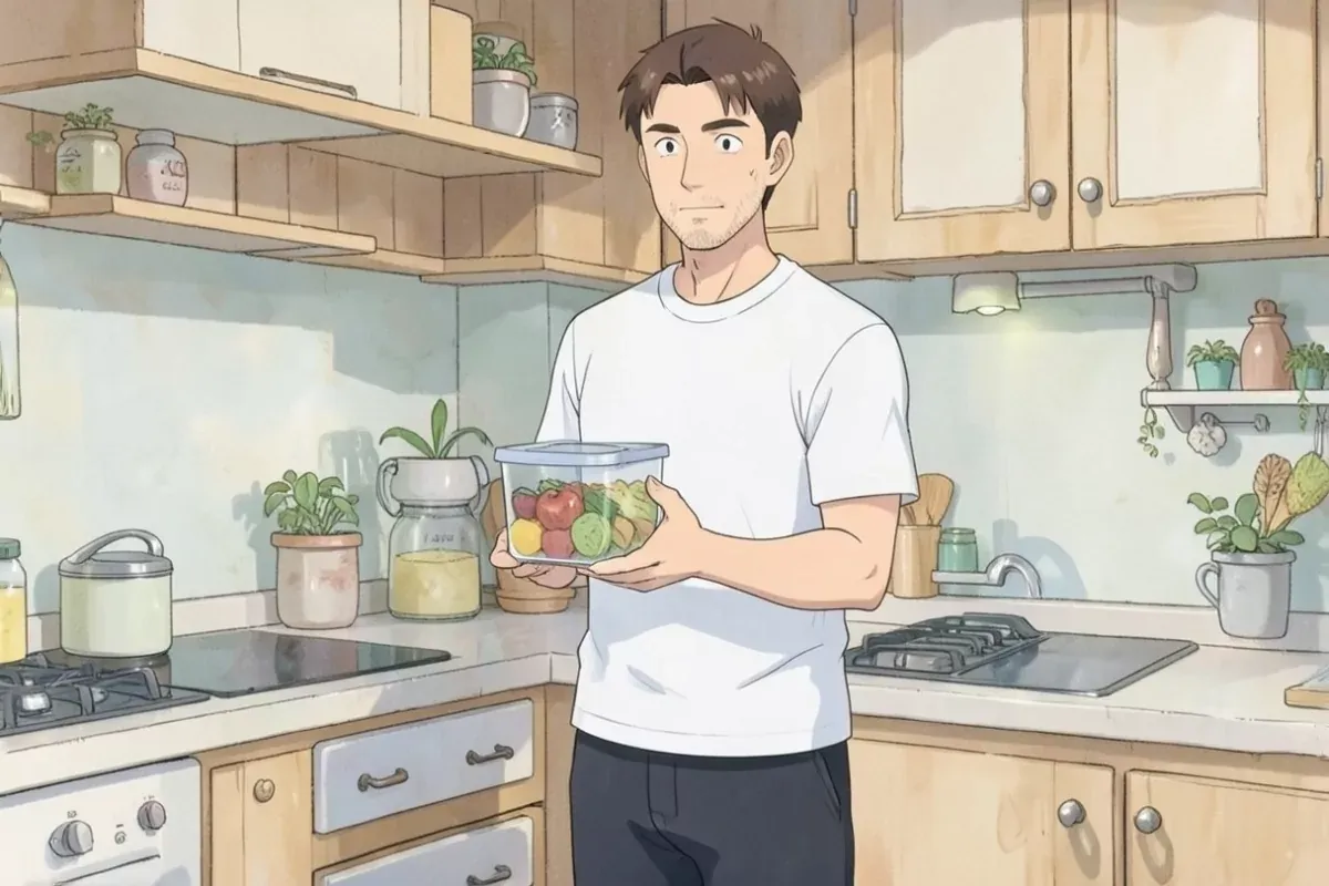 A man holding a glass food storage container with both hands in a bright kitchen