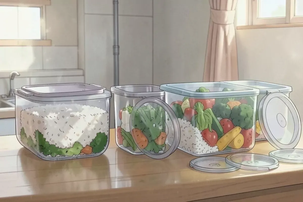 Glass meal prep containers of rice and vegetables cooling on a wooden counter with their lids off