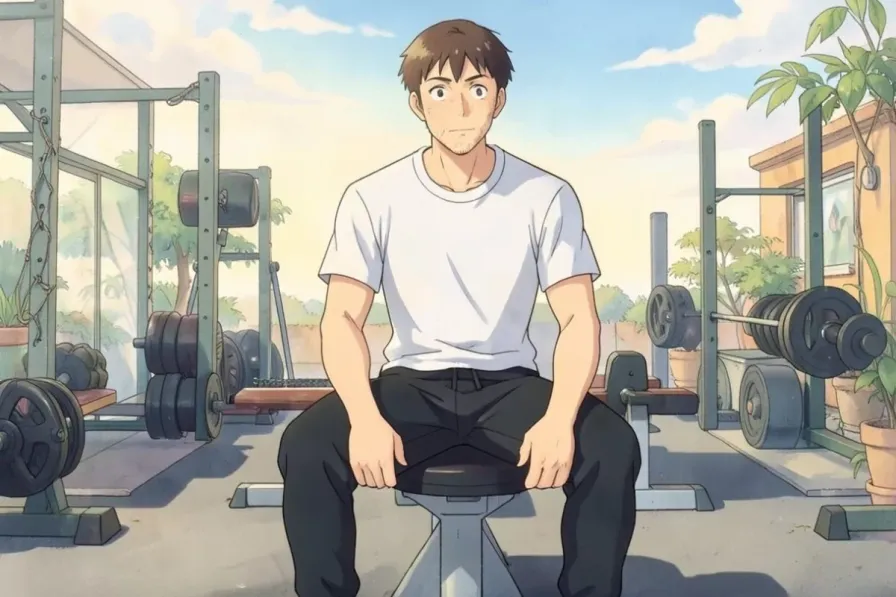 rest between sets - a man sitting on a gym bench between sets with both hands on his knees catching his breath - Studio Ghibli anime illustration