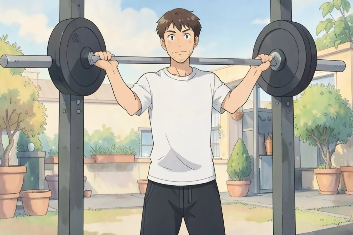 is standing at a squat rack gripping the barbell on his shoulders with both hands, mid-set, focused determined expression, bright indoor gym - Studio