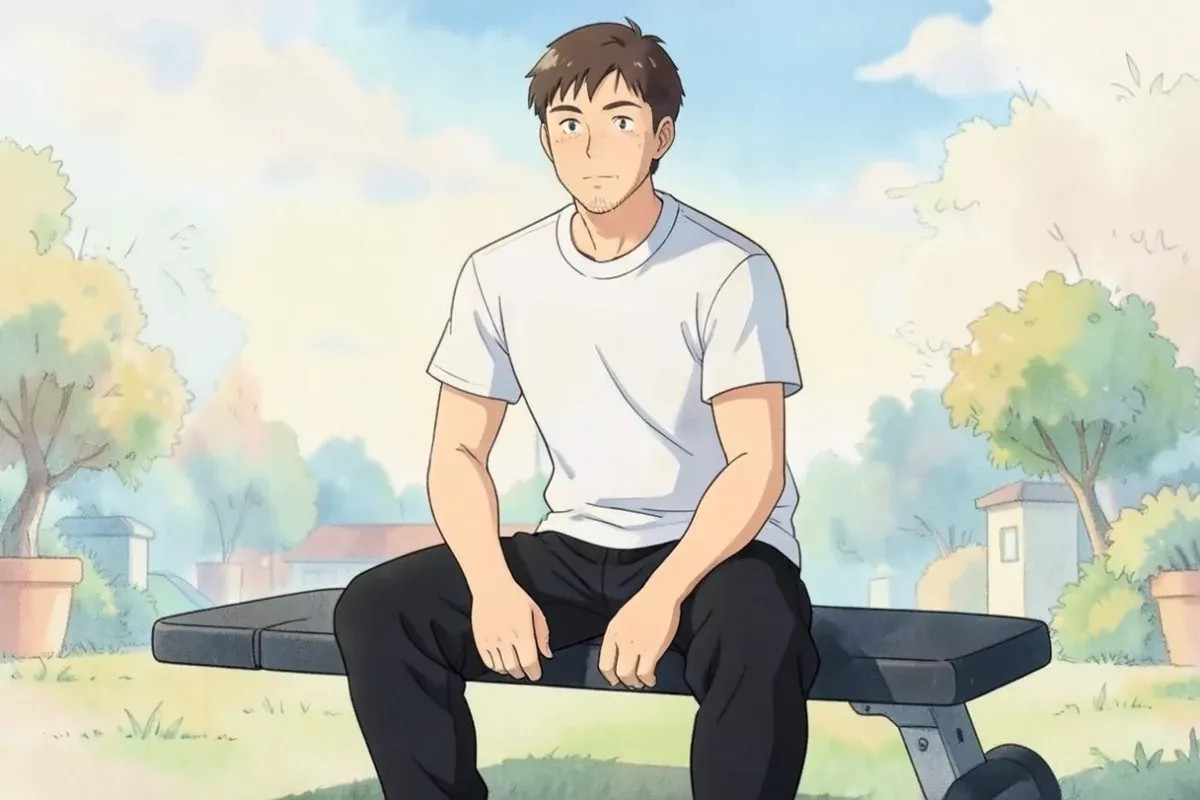 is sitting on a gym bench with both hands resting on his knees, calm patient expression, bright indoor gym - Studio Ghibli anime illustration