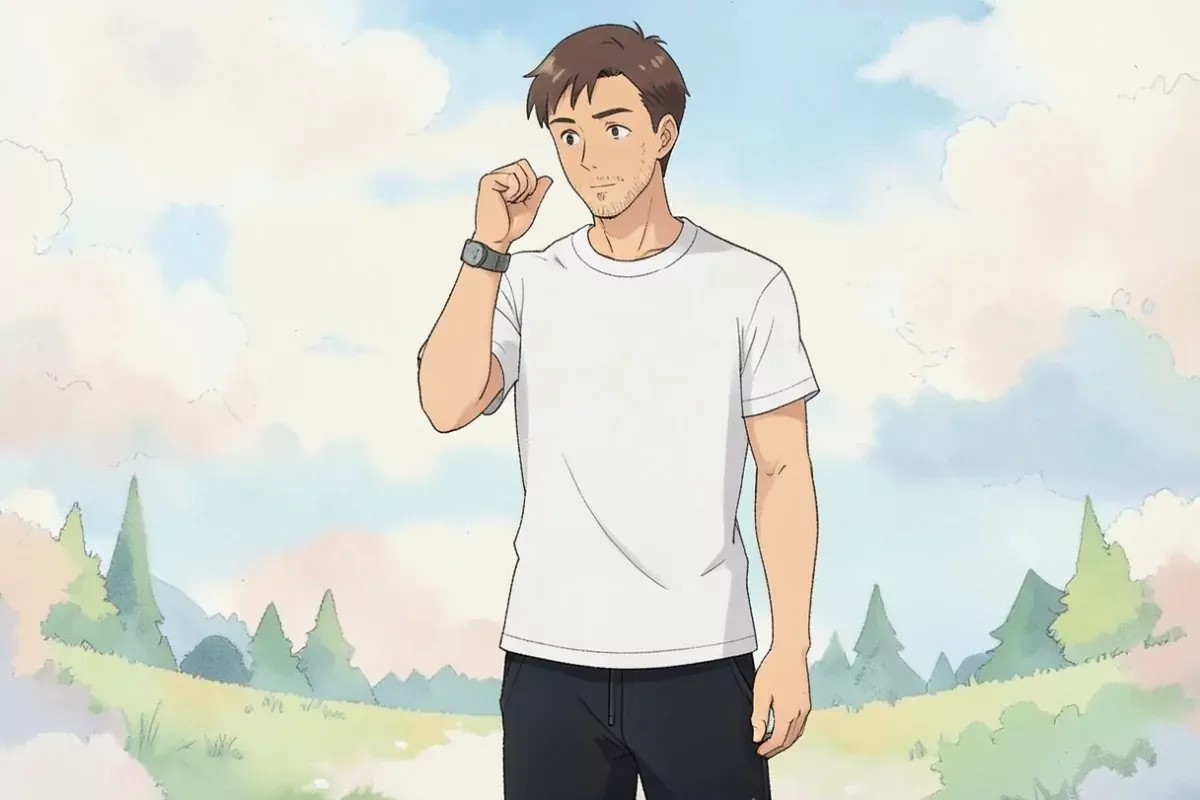 is standing holding a wristwatch up with his left hand near his face checking the time, right arm relaxed at his side with the hand open and visible,