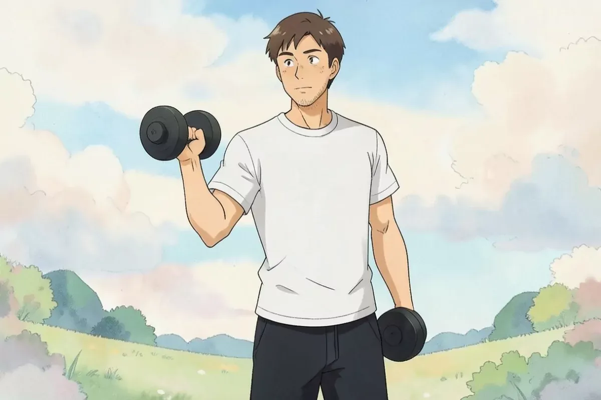 is standing lifting a dumbbell with his right hand in a bicep curl, left arm relaxed at his side with the hand open and visible, focused expression, b
