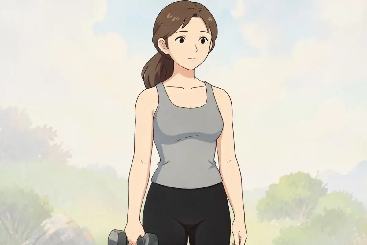 is holding a single compact hand dumbbell in her right hand at shoulder height, focused expression, bright indoor gym - Studio Ghibli anime illustrati