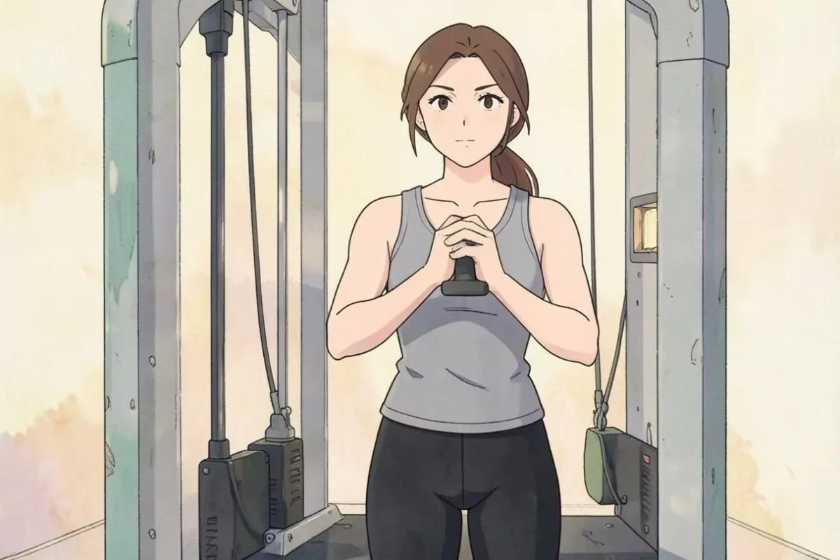 is doing a lat pulldown at a cable machine, both hands gripping the wide bar overhead, arms pulling down, bright indoor gym - Studio Ghibli anime illu