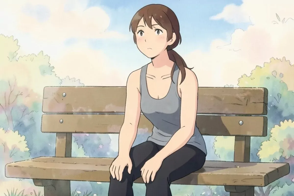 is sitting on a bench catching her breath with both hands resting on her knees, after a hard set - Studio Ghibli anime illustration