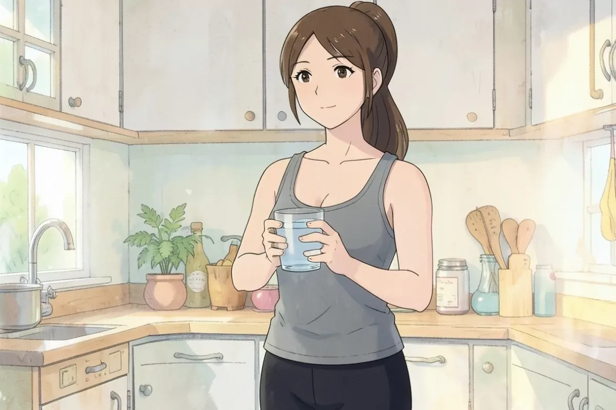 is holding a glass of water with both hands, taking a slow sip, calm expression, bright kitchen - Studio Ghibli anime illustration
