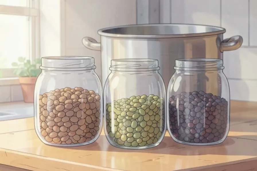 Three glass jars of dried lentils and beans on a sunny kitchen counter with a large stainless steel pot behind them