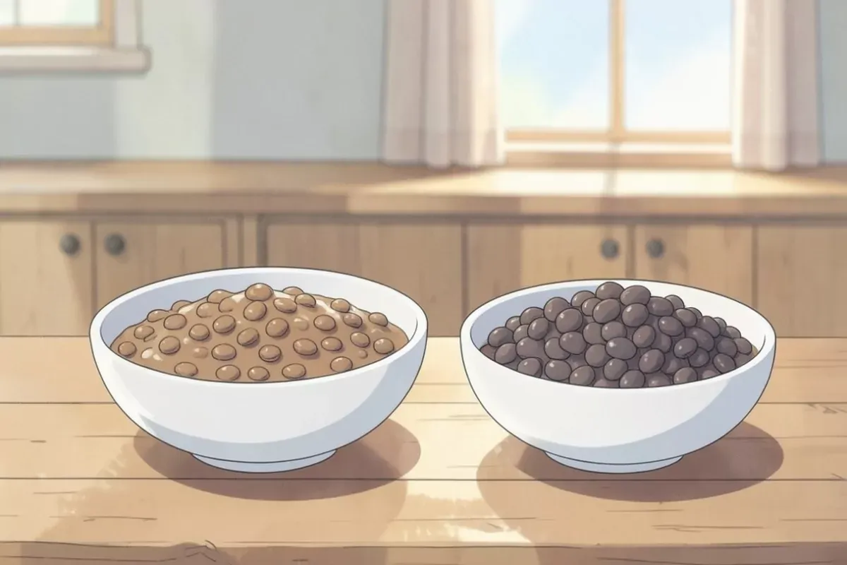 A bowl of cooked lentils beside a bowl of cooked black beans on a wooden counter
