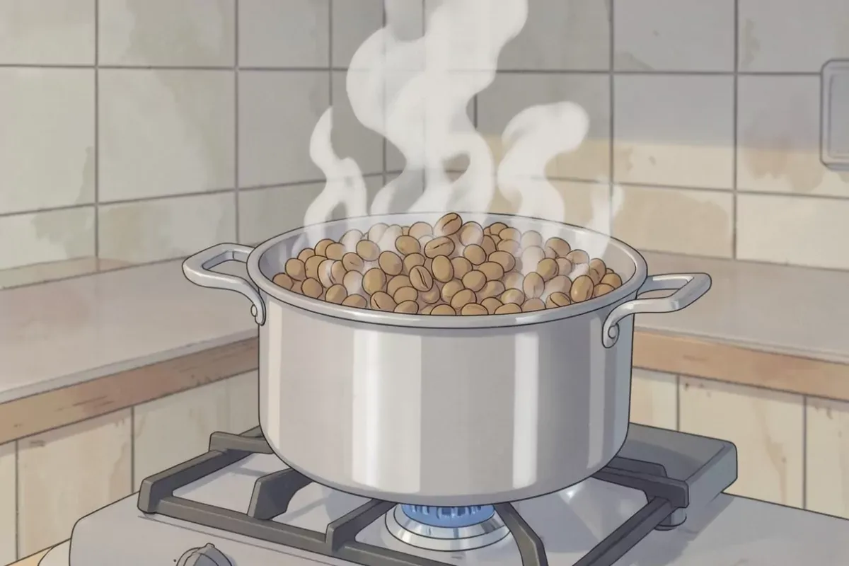A stainless steel pot of beans boiling hard on a gas stove with steam rising