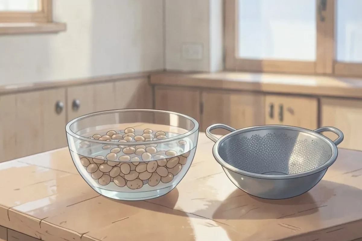Dried beans soaking in a glass bowl of water beside an empty metal colander