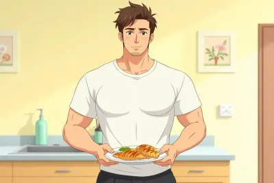 how much protein to build muscle - a man holding a plate of high-protein food in his kitchen - Studio Ghibli anime illustration