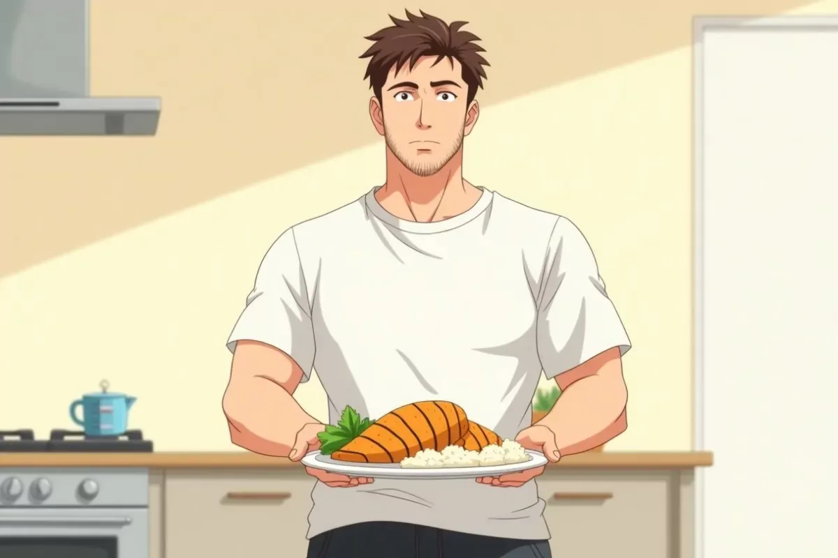 is holding a kitchen scale with a piece of chicken on it with both hands, weighing food on a bright kitchen counter - Studio Ghibli anime illustration