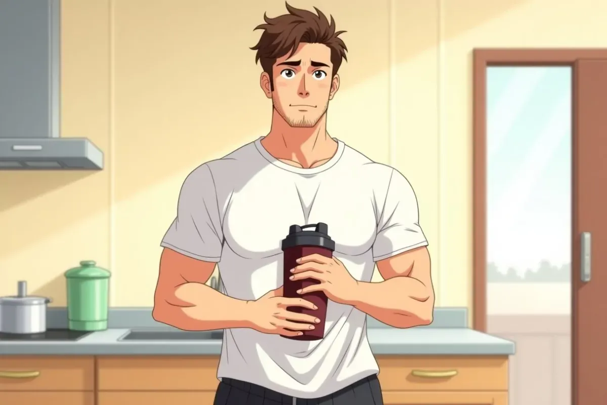 is holding a protein shaker bottle with both hands wrapped around it at chest height, standing in a bright kitchen - Studio Ghibli anime illustration