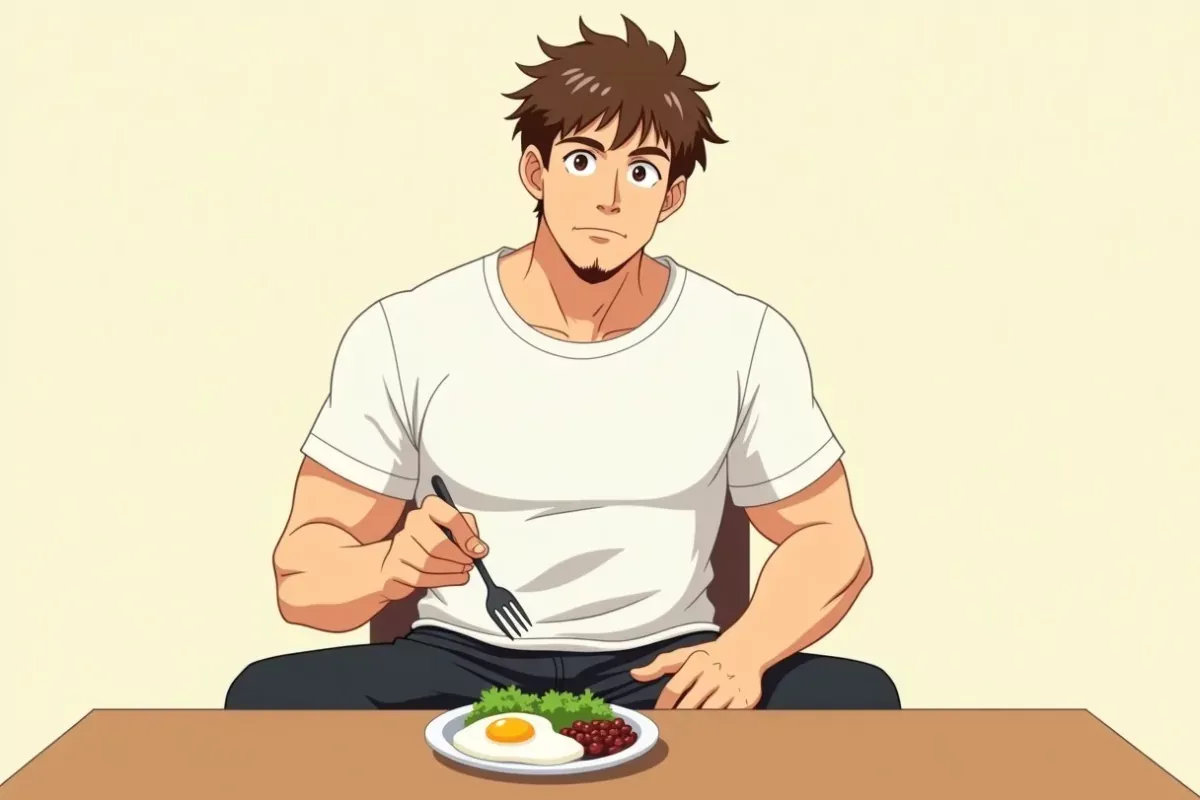 is sitting at a table with both hands holding a fork and a plate of eggs, beans, and vegetables, healthy meal - Studio Ghibli anime illustration
