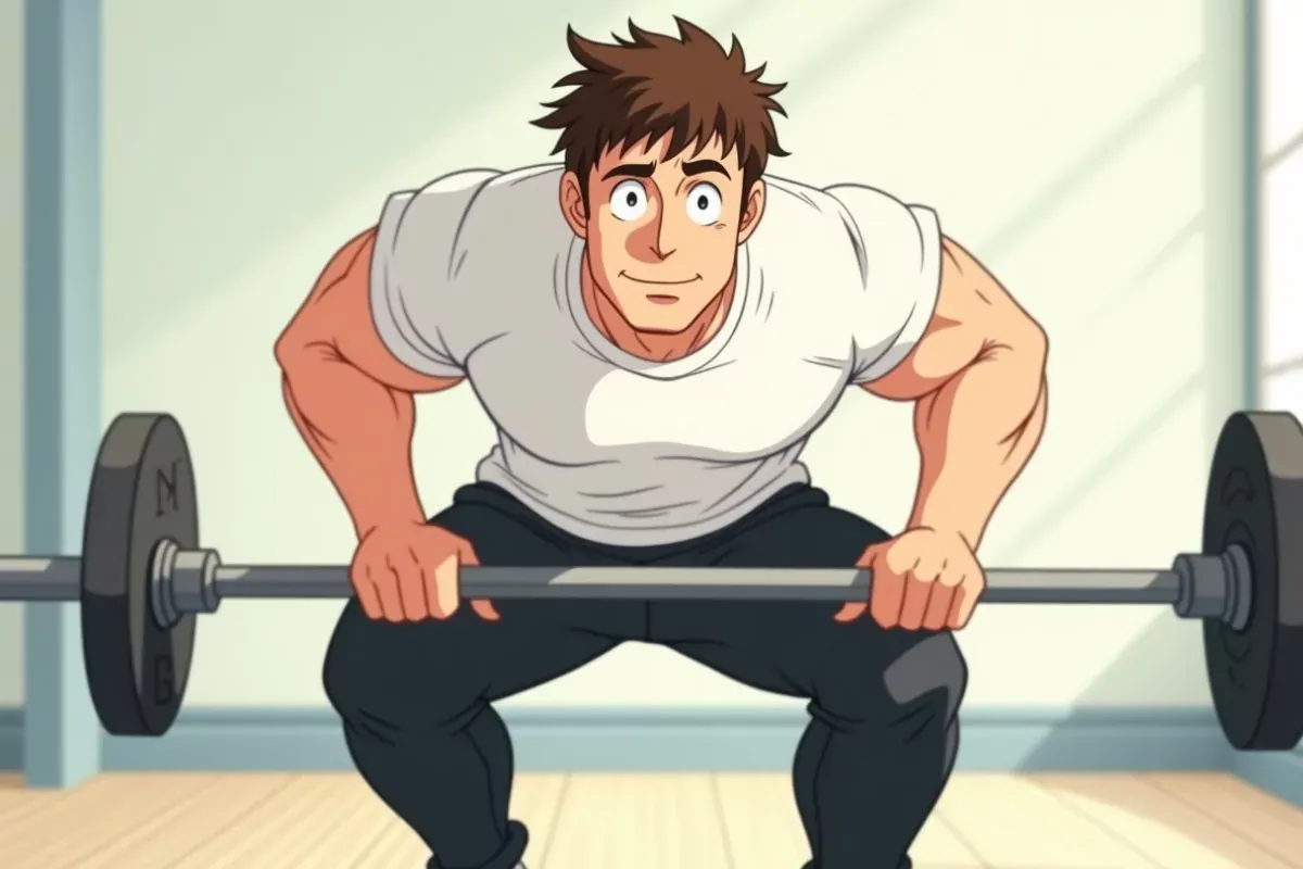 is doing a barbell row bent over, both hands gripping the bar, in a bright gym - Studio Ghibli anime illustration