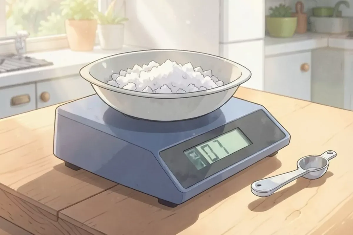 A digital kitchen scale on a counter with a bowl of coarse salt on the platform and a measuring spoon beside it