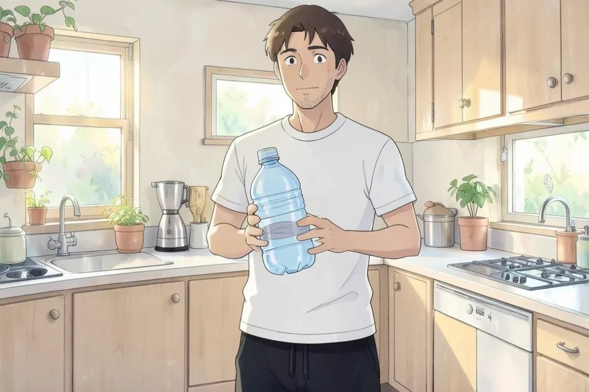A man holding a clear bottle of water with both hands in a bright kitchen