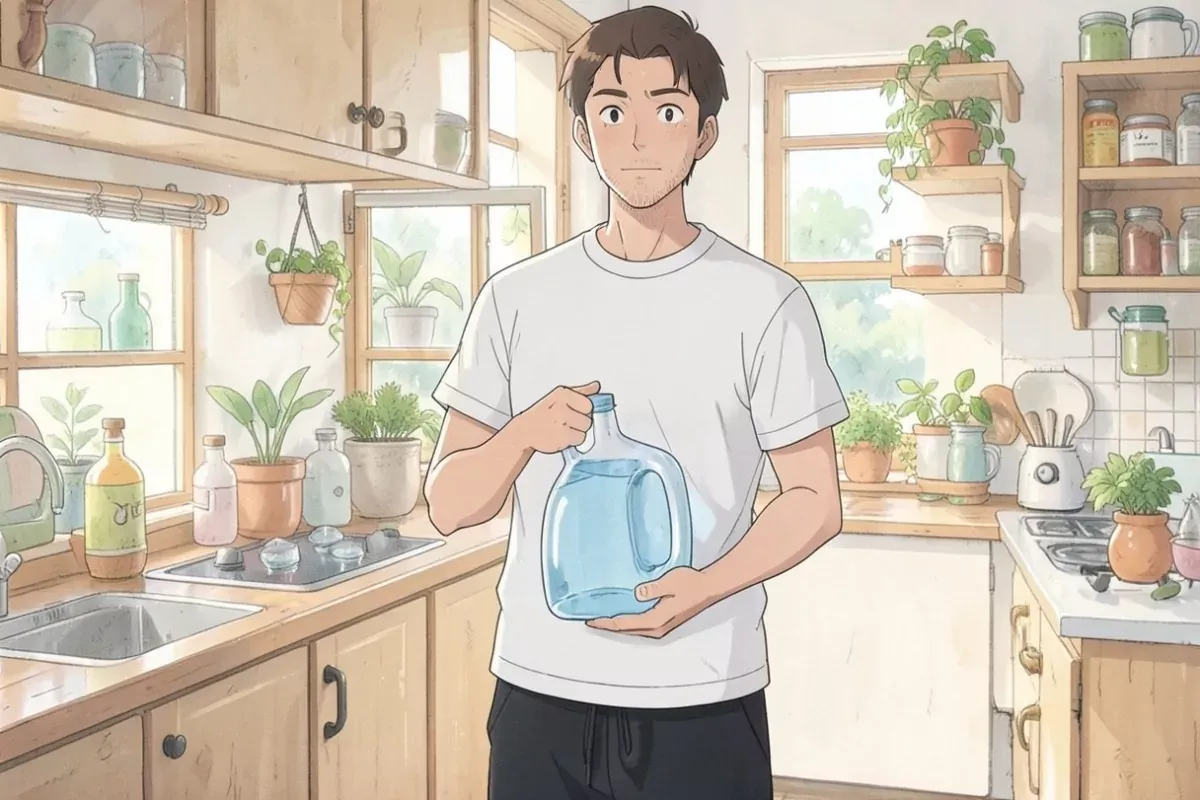 A man carrying a large clear jug of water with both hands in a kitchen