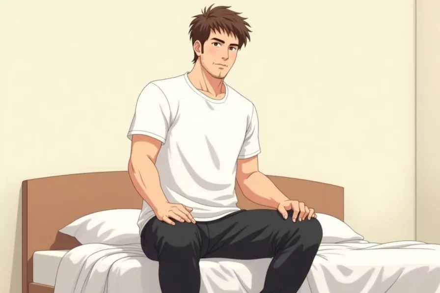 sleep for muscle growth - a man resting calmly after training in a bright bedroom - Studio Ghibli anime illustration