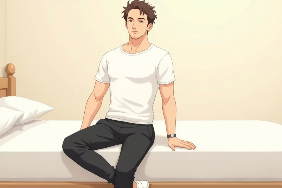 is sitting on the edge of a bed stretching his arms overhead after waking up, calm expression, plain bright bedroom - Studio Ghibli anime illustration