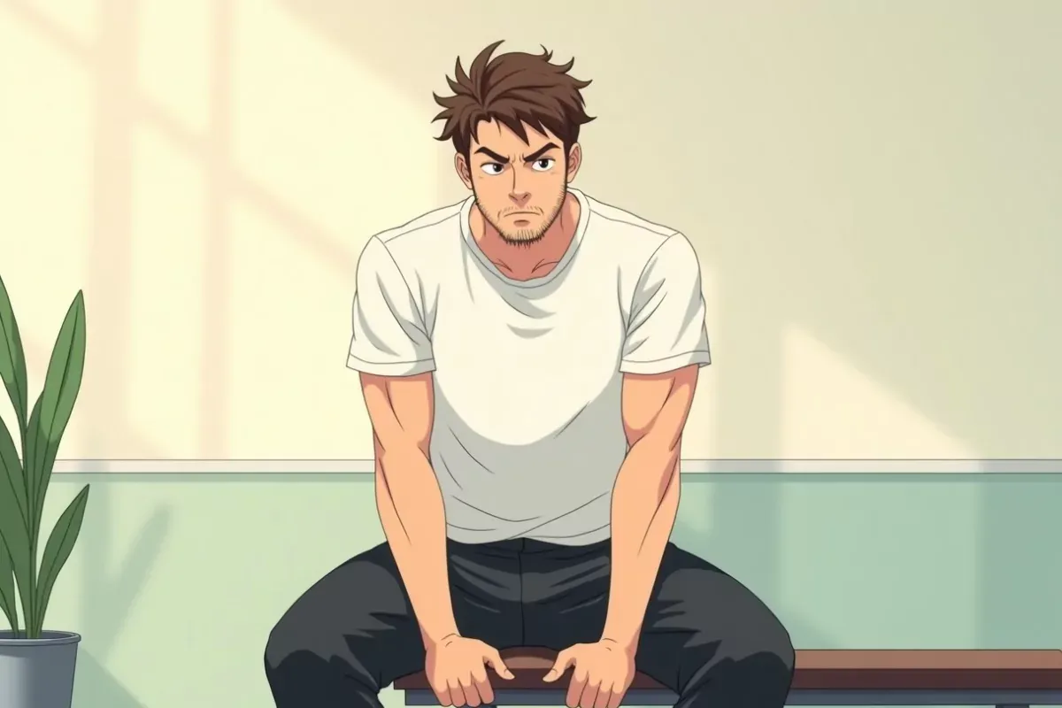 is sitting on a gym bench looking tired with both hands resting on his knees, plain bright gym - Studio Ghibli anime illustration