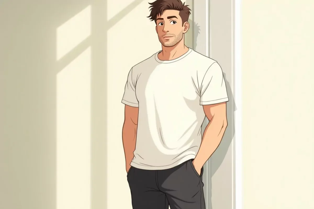 is standing relaxed by a sunny window in the morning, calm confident expression, plain bright room - Studio Ghibli anime illustration