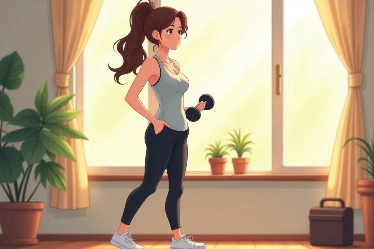 is doing a standing side torso twist exercise in a home gym - Studio Ghibli anime illustration