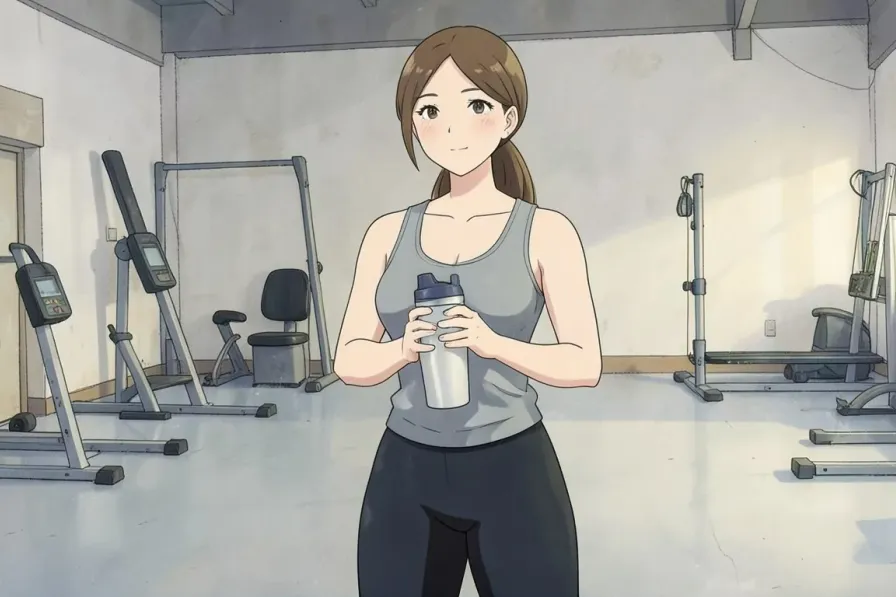 intra-workout drink - a woman standing in an indoor gym holding a shaker bottle with both hands, taking a sip during a workout break - Studio Ghibli anime illustration