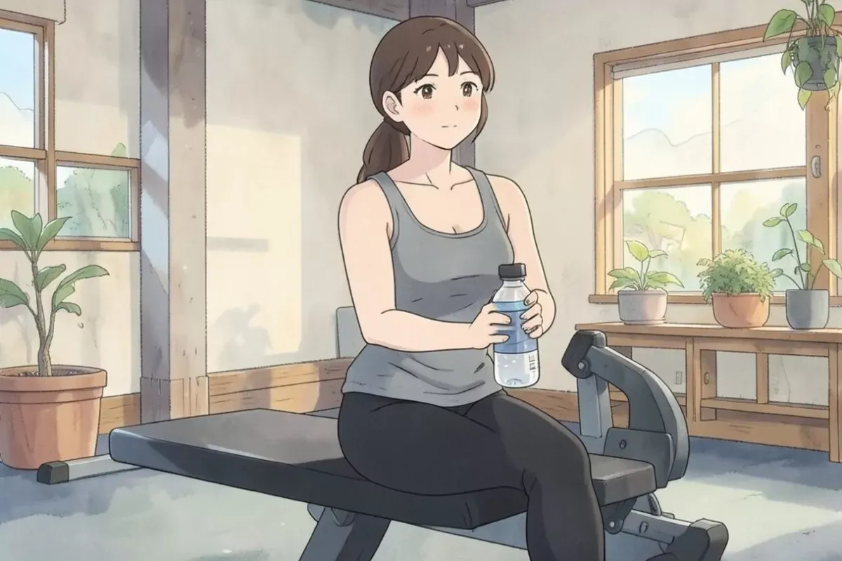 is sitting on a gym bench indoors holding a water bottle with both hands, mid-workout break, calm expression, indoor gym background, no other people -