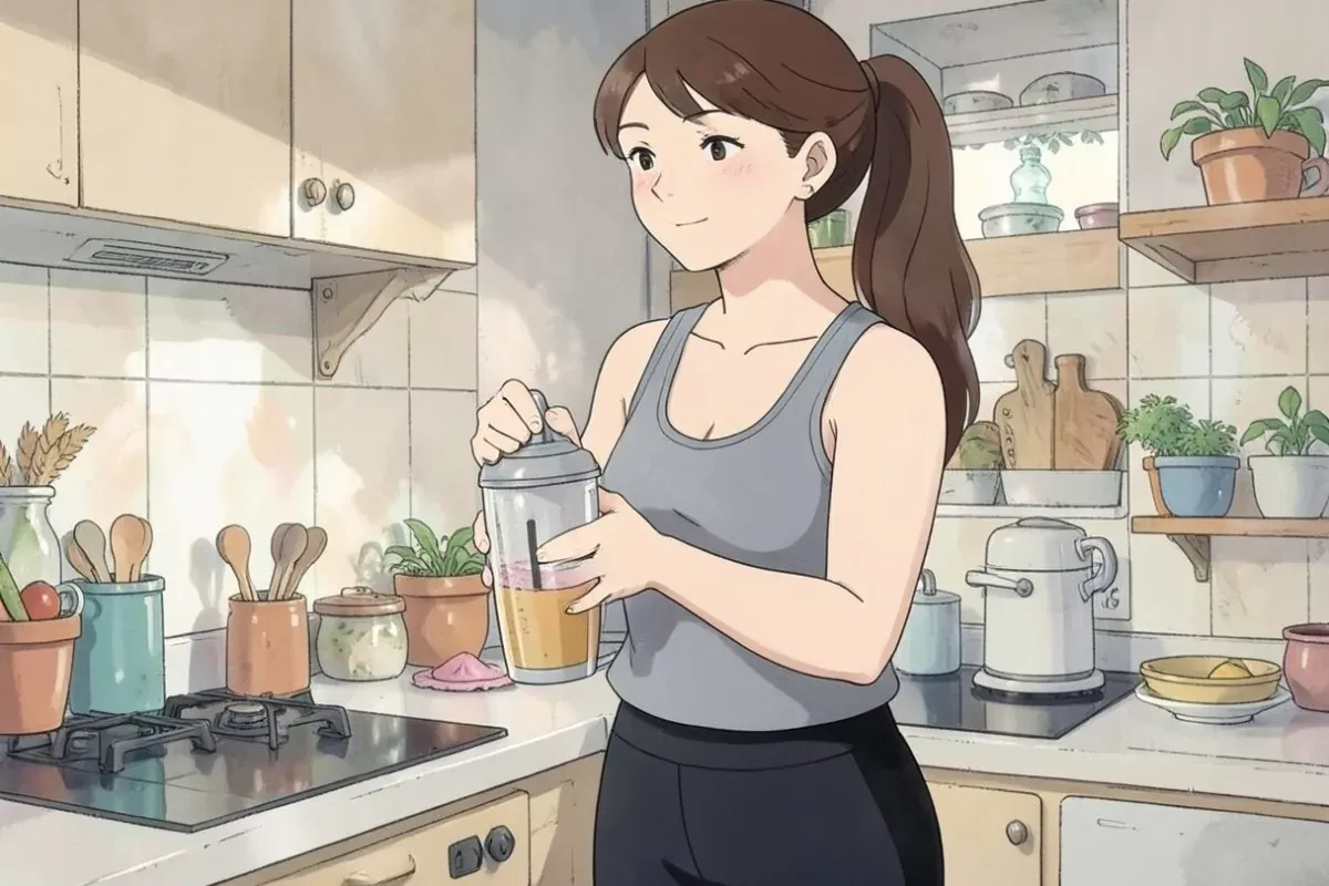 is standing in a kitchen mixing a drink in a shaker bottle with both hands, honey and salt visible on the counter, focused expression - Studio Ghibli