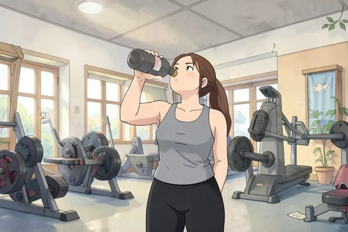 is standing in an indoor gym drinking from a bottle held with both hands between sets, calm expression, indoor gym background, no other people - Studi