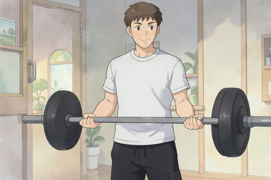 lengthened partial reps - a man standing indoors holding a plain barbell with both hands - Studio Ghibli anime illustration