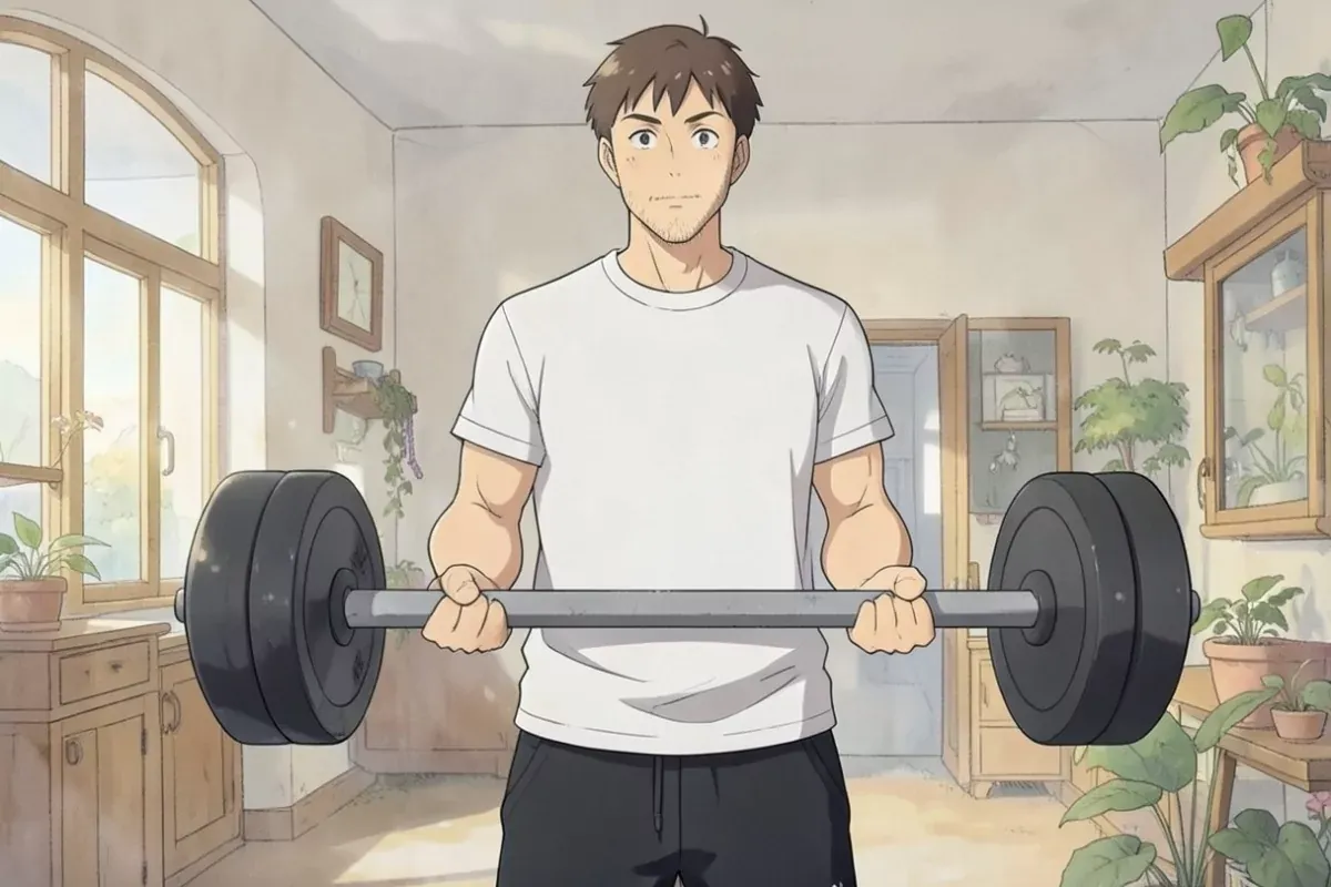 is standing indoors holding a plain barbell with both hands in a bicep curl starting position, arms extended down, fingers wrapped firmly around the b