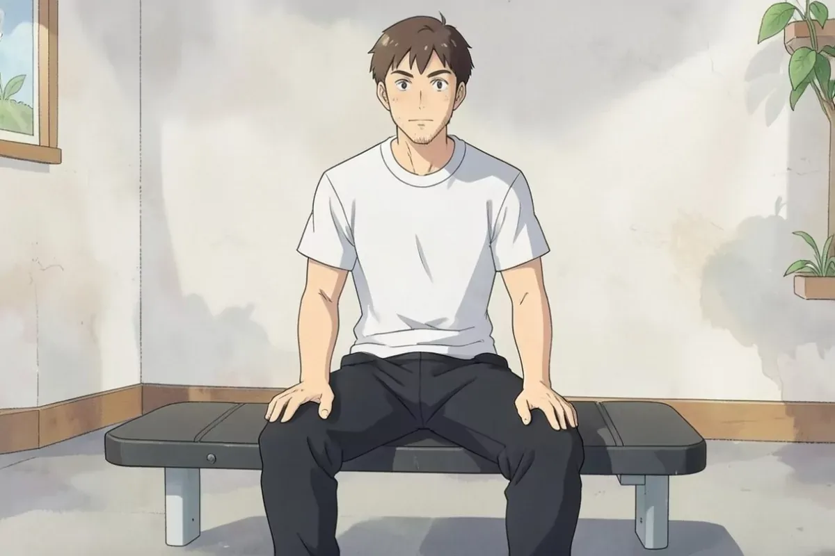 is sitting on a simple flat gym bench indoors, both hands resting on his own knees, knees and legs clearly separated, calm expression, indoor gym, no