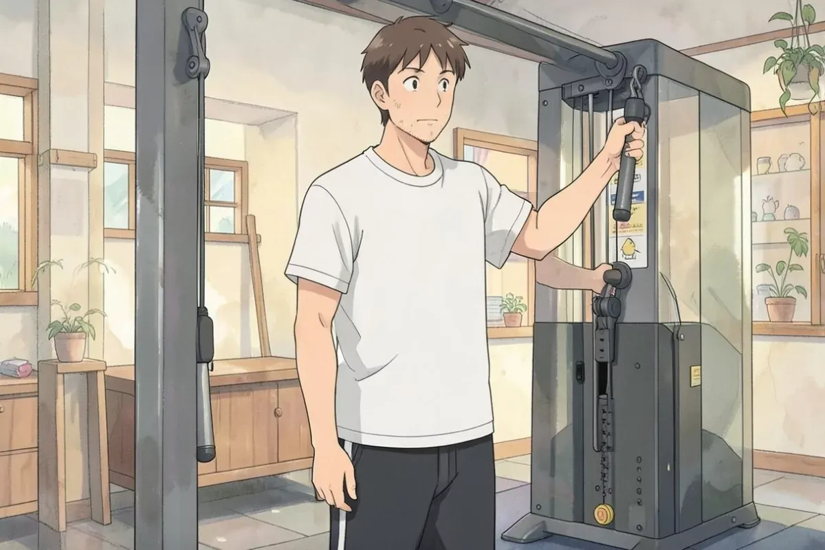 is standing indoors at a cable machine, one hand gripping the machine handle which is directly attached to the visible cable and pulley, other hand re