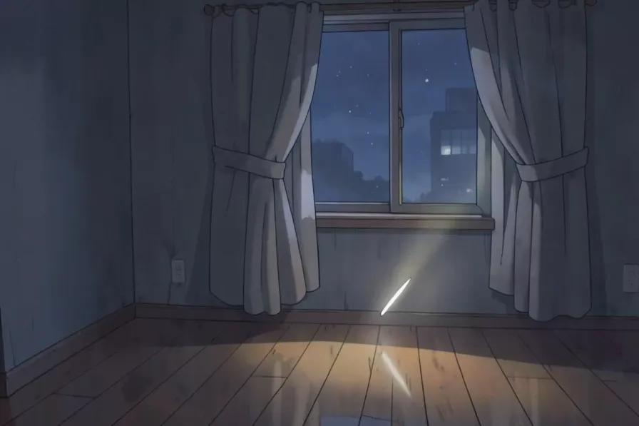 A dark bedroom at night with a thin blade of streetlight falling across the wooden floor