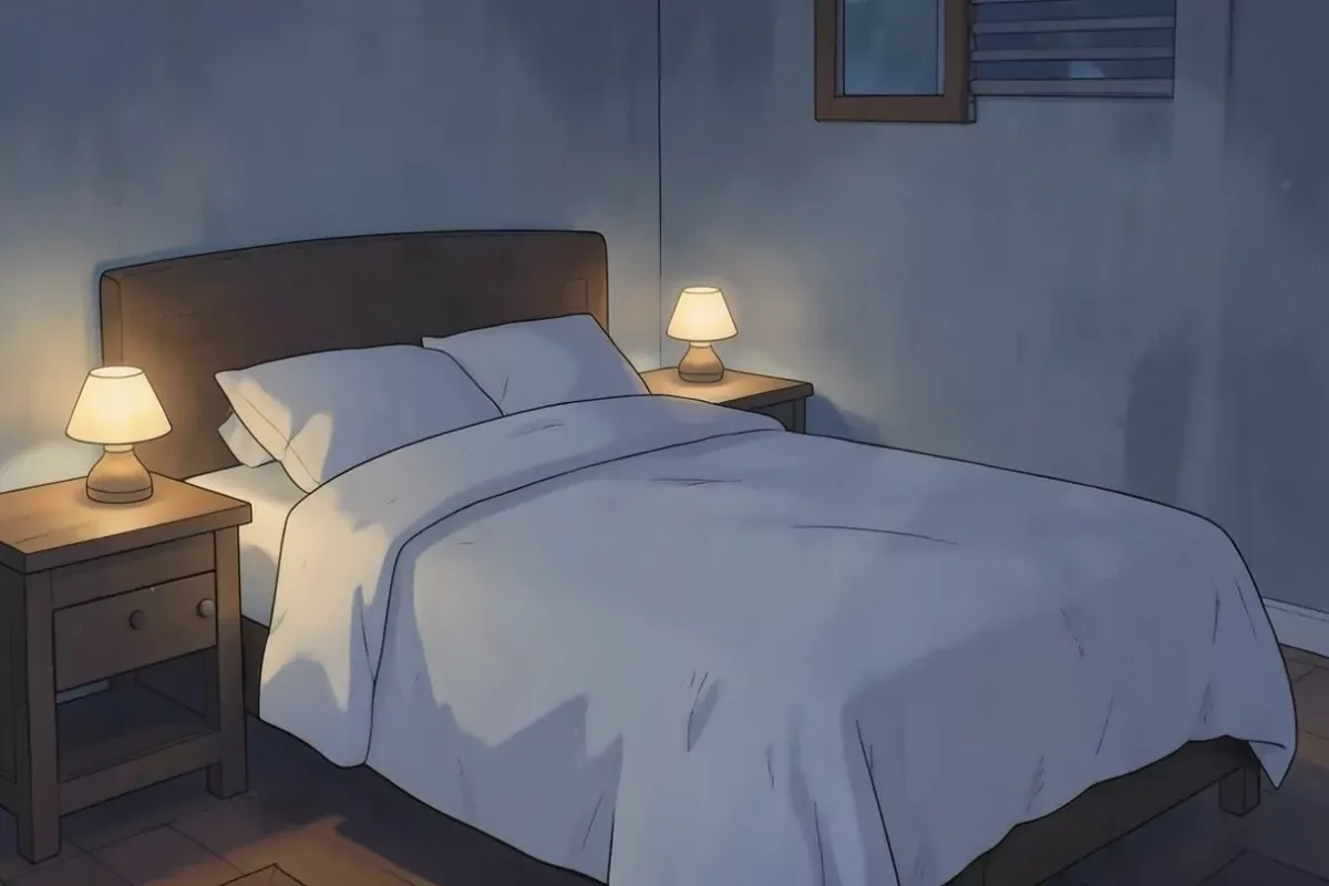 An empty bed in a dim bedroom with both bedside lamps switched on