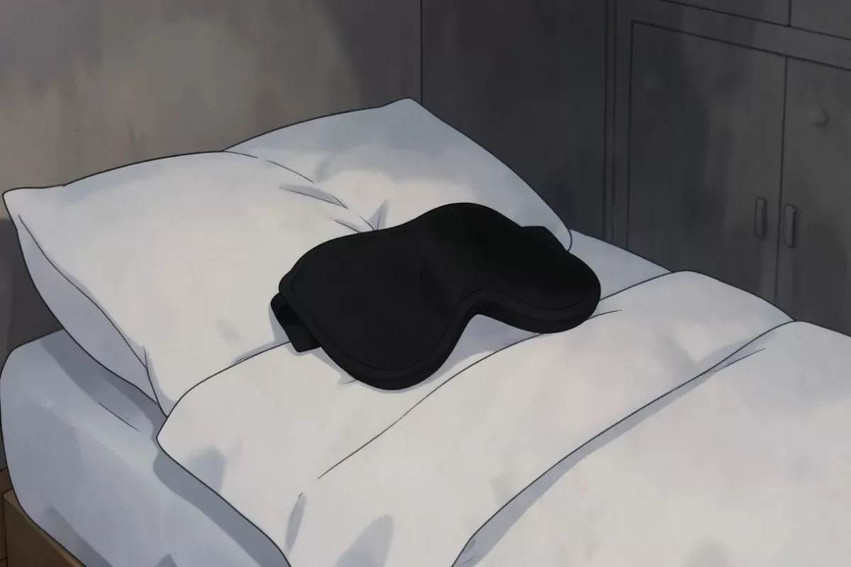 A black contoured sleep mask resting on a white pillow