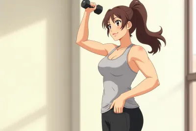 mind-muscle connection - a woman doing a focused slow bicep curl with a dumbbell - Studio Ghibli anime illustration