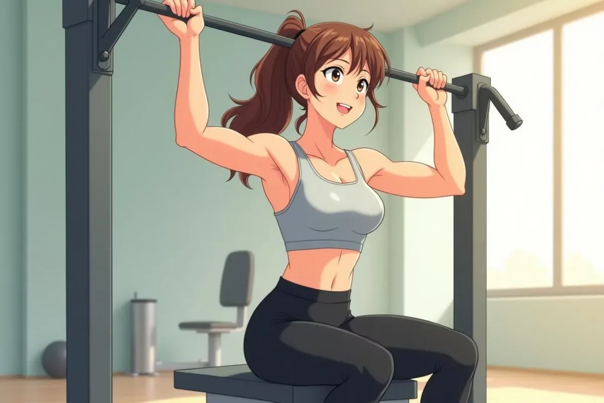 is doing a lat pulldown at a cable machine, both hands gripping the wide bar overhead, arms pulling down, focused expression, bright indoor gym - Stud