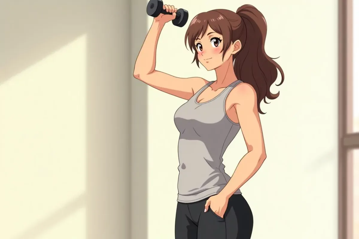is holding a single compact dumbbell in her right hand at shoulder height, calm focused expression, bright indoor gym - Studio Ghibli anime illustrati