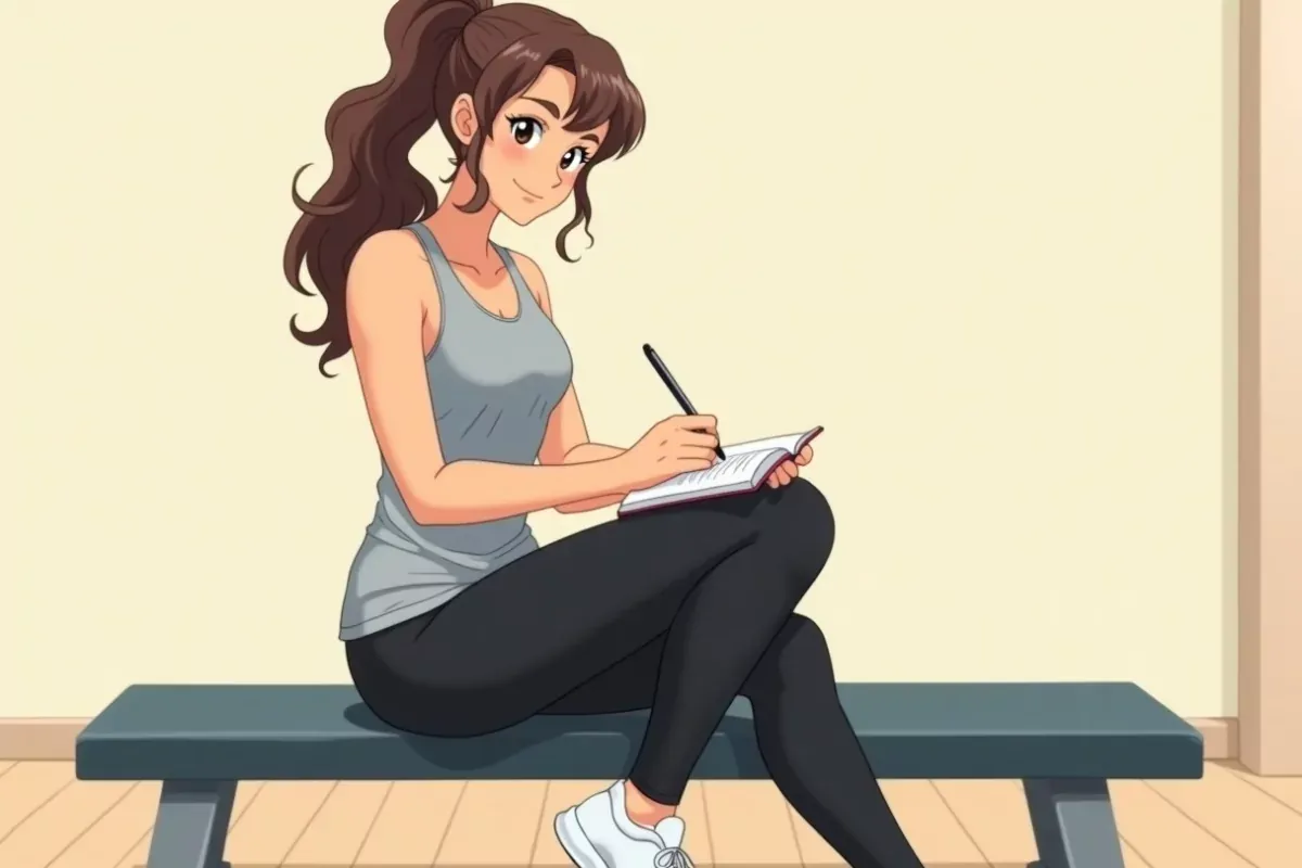 is holding a small notebook and pen with both hands, writing down her workout numbers, sitting on a gym bench - Studio Ghibli anime illustration