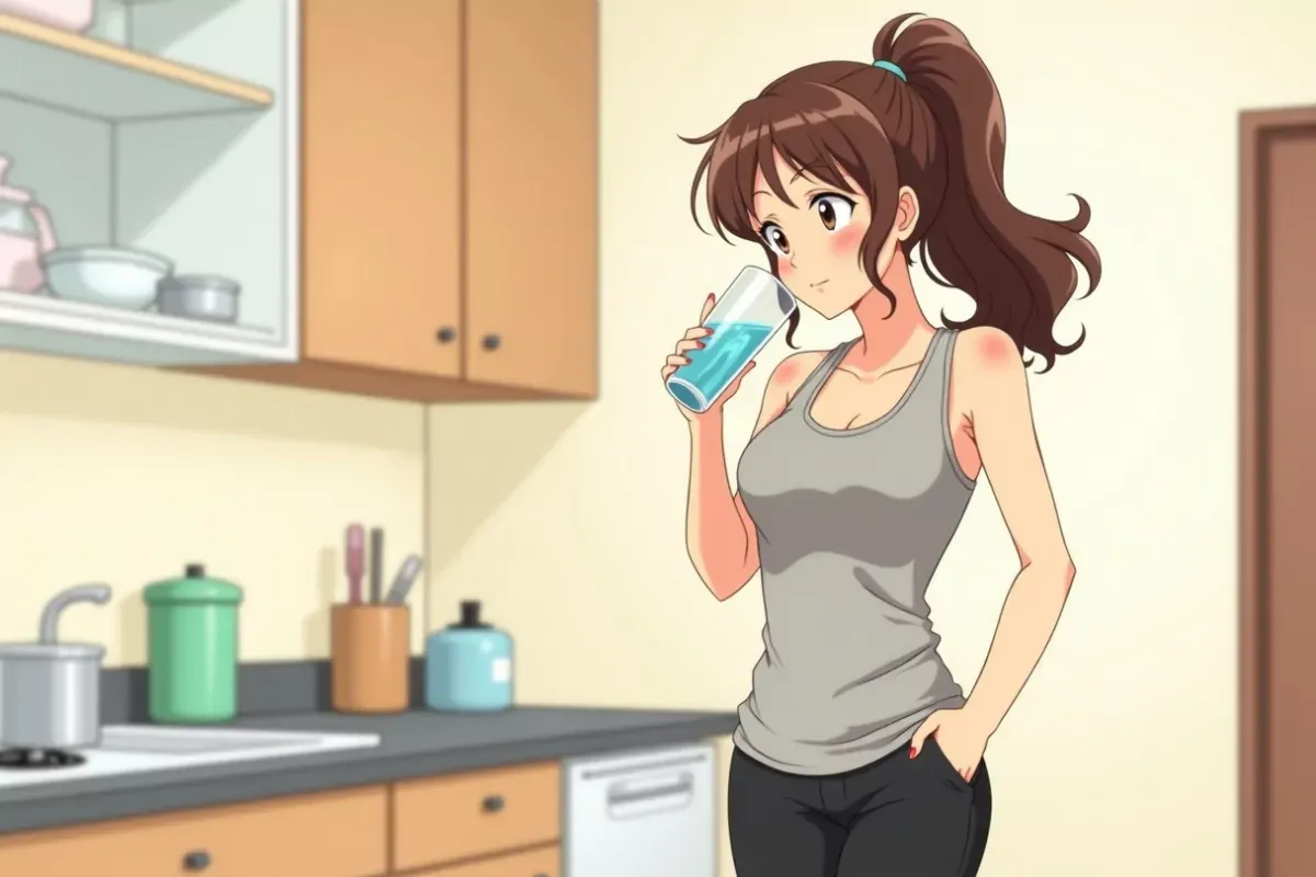is holding a glass of water with both hands, taking a slow sip, calm expression, bright kitchen - Studio Ghibli anime illustration