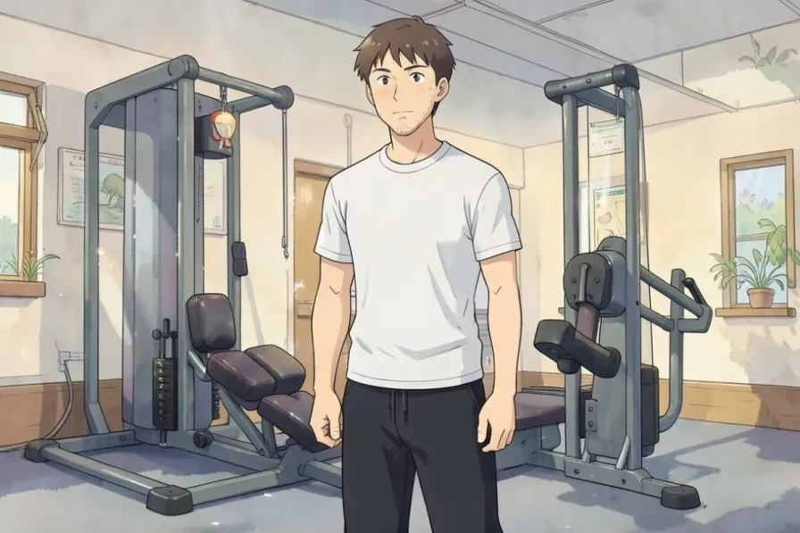 myo-reps - a man standing indoors next to a leg extension machine in an indoor gym - Studio Ghibli anime illustration