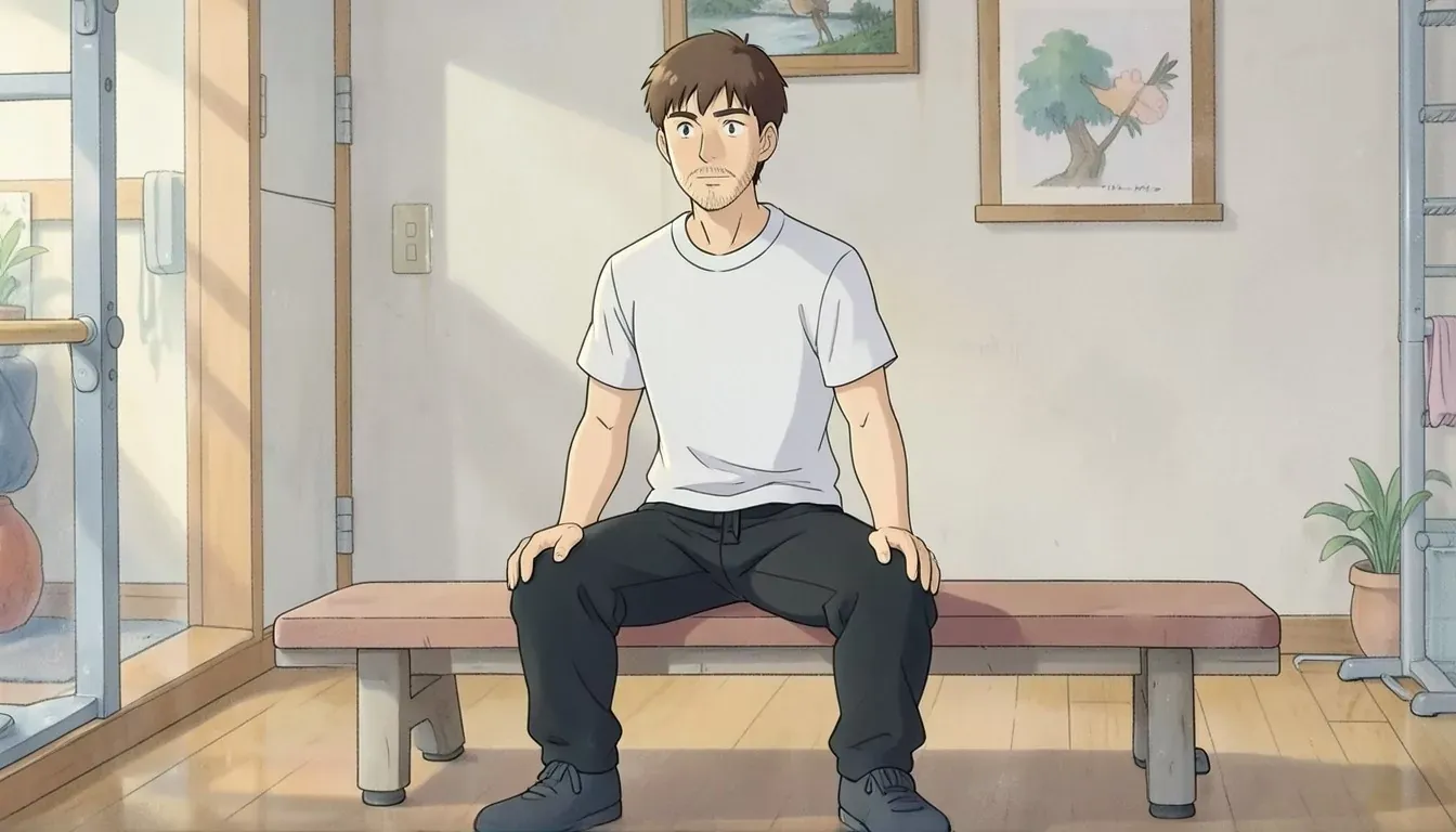 myo-reps - a man sitting on a gym bench indoors resting between sets - Studio Ghibli anime illustration